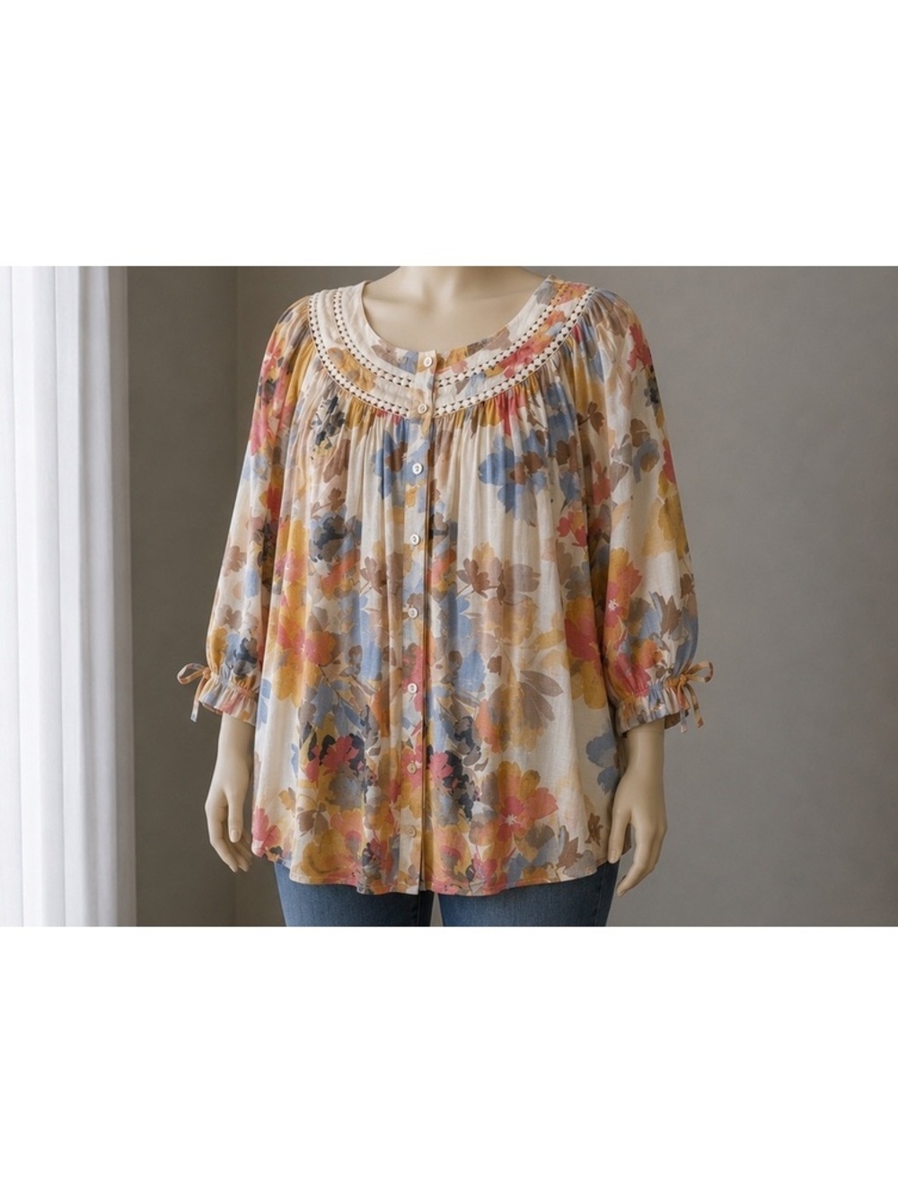 Skye’s The Limit Women 2X Floral Boho Blouse Abalone Shell Buttons Crochet Trim